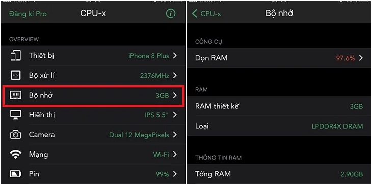 chọn Bộ nhớ để kiểm tra RAM trên điện thoại của bạn.
