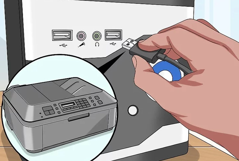 Cách kết nối máy in với laptop là găn USB dây cáp vào