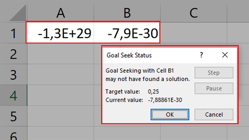 Goal Seek sẽ báo lỗi và không thể thực hiện được> Nhấp vào Hủy để tắt thông báo lỗi”></p>
<p style=