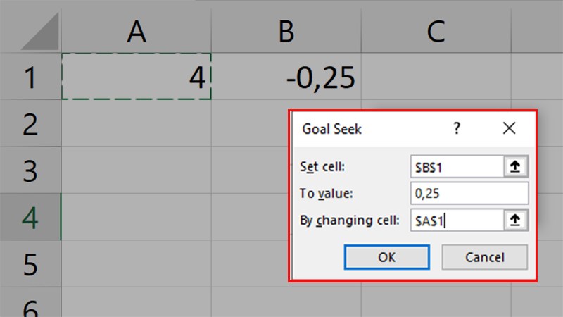 khi sử dụng Goal Seek để tìm giá trị đầu vào để trả về kết quả từ công thức là +0,25