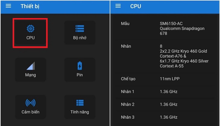 Để kiểm tra cấu hình CPU, chọn phần CPU để kiểm tra các thông số nhất định.